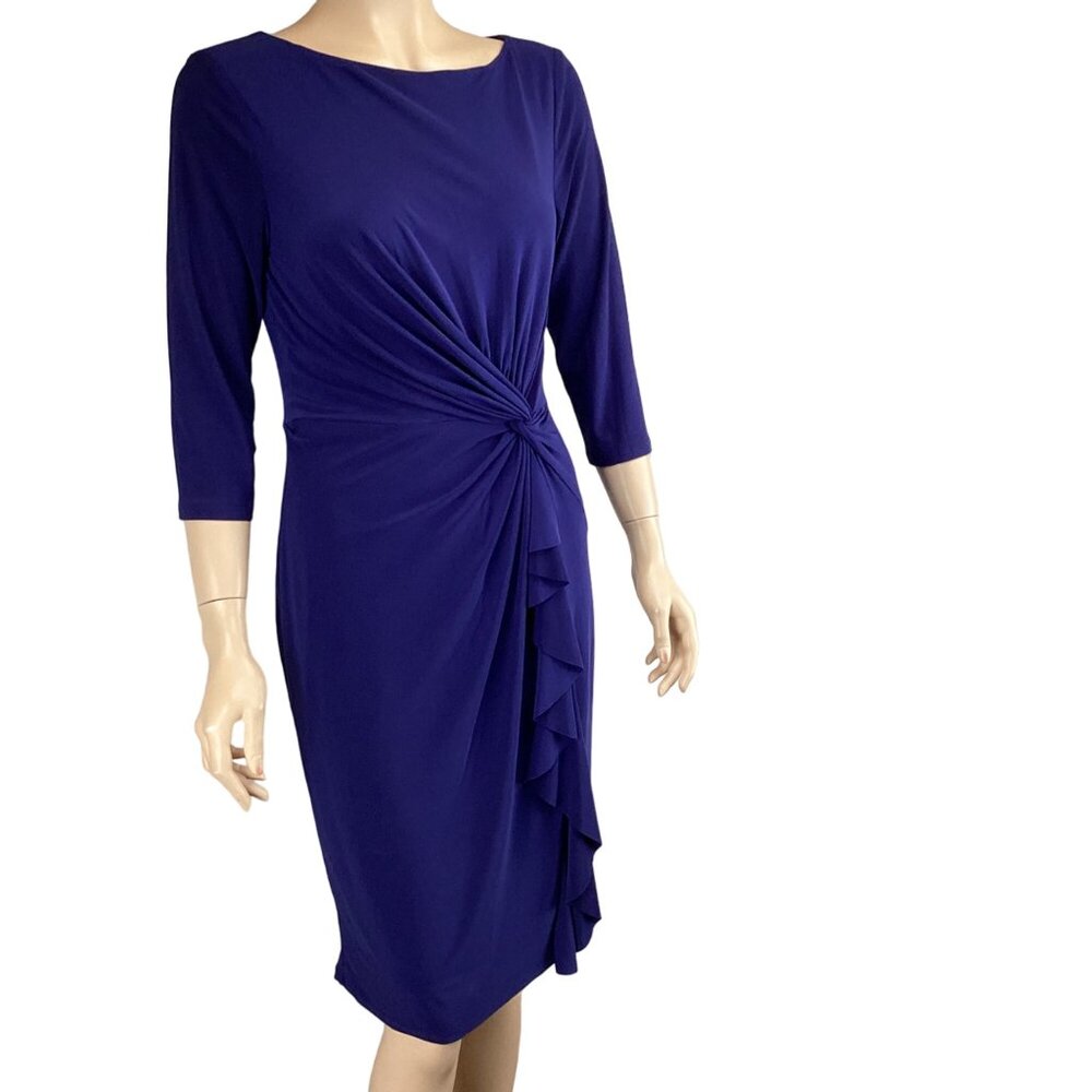 Lauren Ralph Lauren Dress‎ Size 4 Womens Blue 3/4 Sleeve Ruched Waist Ruffle - Picture 4 of 7